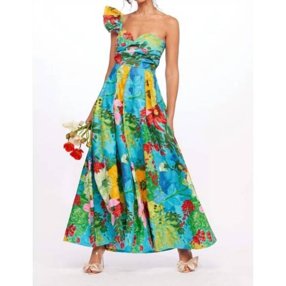 Eva Franco One Shoulder Pleated Dress in Matisse - Picture 1 of 4
